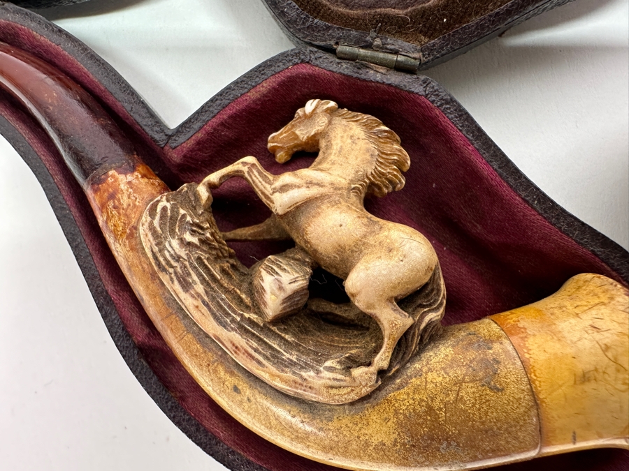 Pair Of Antique Carved Meerschaum / Amber Pipes Carved Horses With Cases 4.5L [Photo 3]