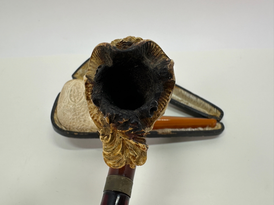 Pair Of Antique Carved Meerschaum / Amber Pipes One With Case [Photo 9]