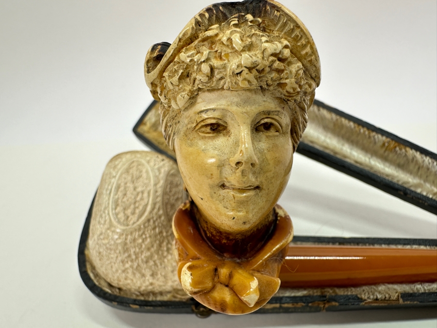 Pair Of Antique Carved Meerschaum / Amber Pipes One With Case [Photo 2]