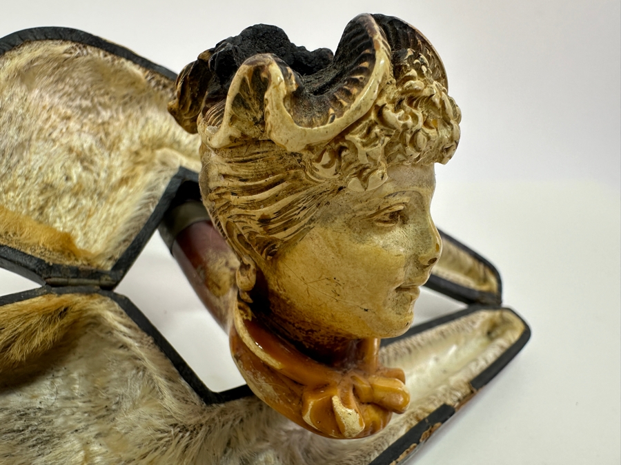 Pair Of Antique Carved Meerschaum / Amber Pipes One With Case [Photo 13]