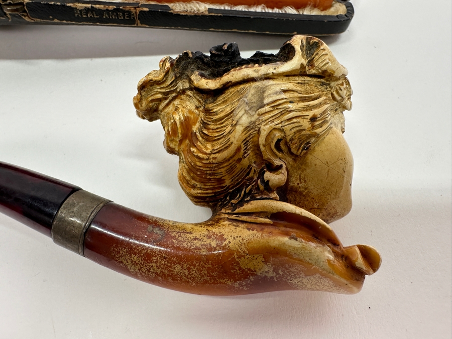 Pair Of Antique Carved Meerschaum / Amber Pipes One With Case [Photo 8]