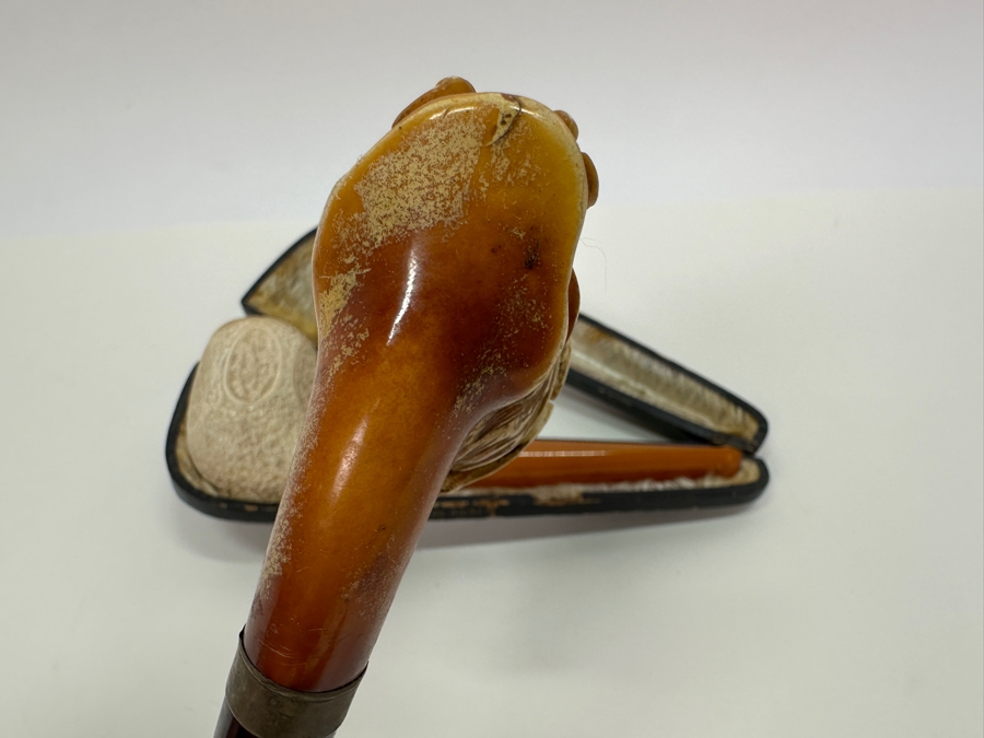 Pair Of Antique Carved Meerschaum / Amber Pipes One With Case [Photo 10]