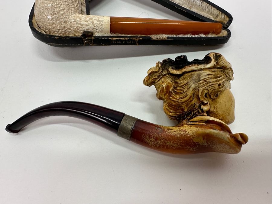 Pair Of Antique Carved Meerschaum / Amber Pipes One With Case [Photo 7]