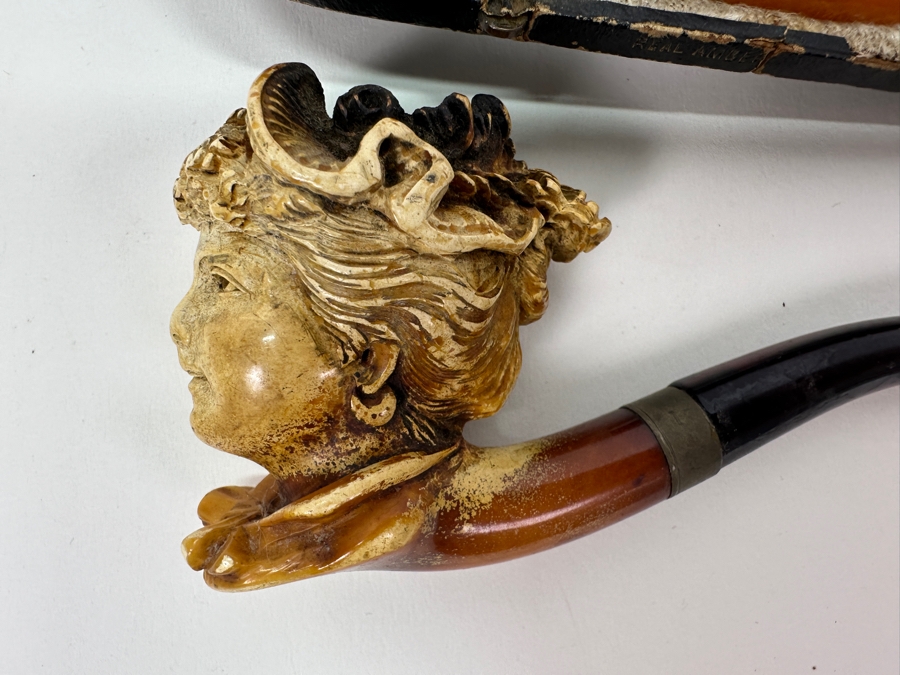 Pair Of Antique Carved Meerschaum / Amber Pipes One With Case [Photo 4]