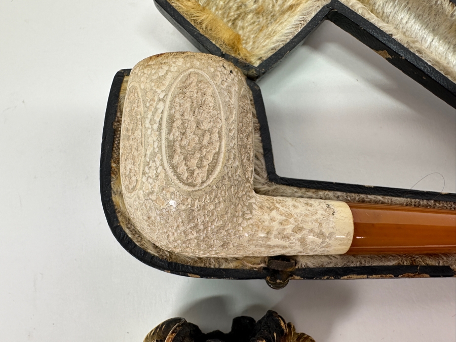 Pair Of Antique Carved Meerschaum / Amber Pipes One With Case [Photo 3]