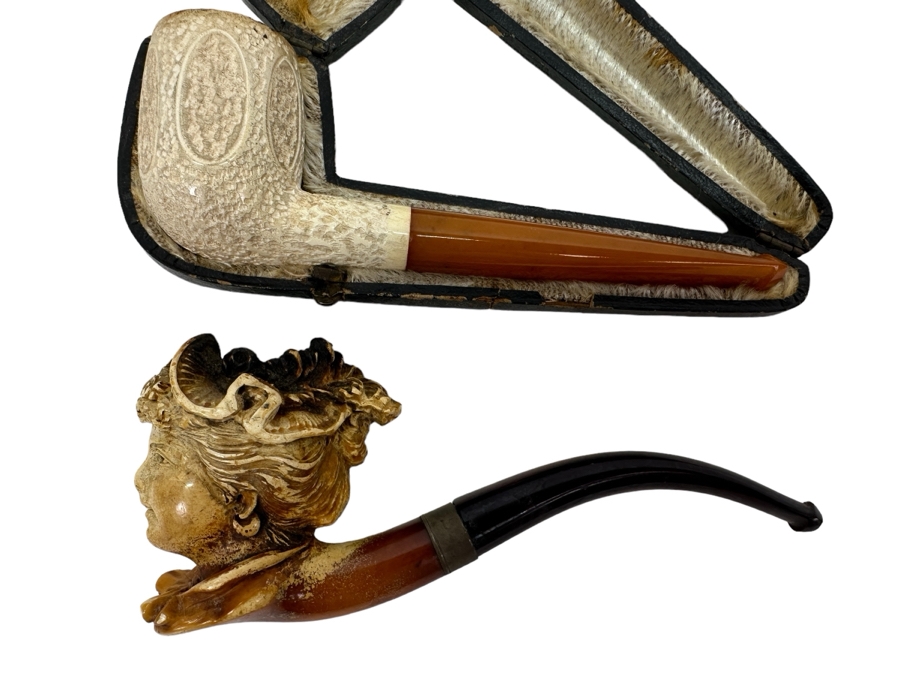 Pair Of Antique Carved Meerschaum / Amber Pipes One With Case [Photo 1]