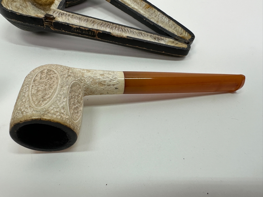Pair Of Antique Carved Meerschaum / Amber Pipes One With Case [Photo 11]
