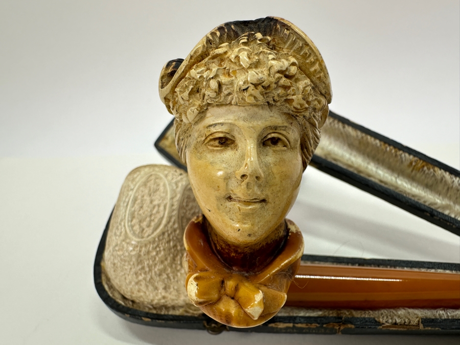 Pair Of Antique Carved Meerschaum / Amber Pipes One With Case [Photo 5]
