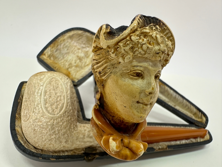 Pair Of Antique Carved Meerschaum / Amber Pipes One With Case [Photo 6]