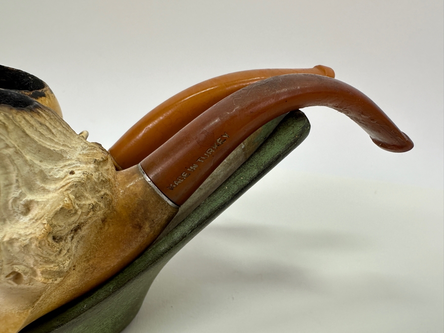 Pair Of Antique Carved Meerschaum / Amber Pipes With Hand Painted Pipe Stand - See Photos [Photo 9]