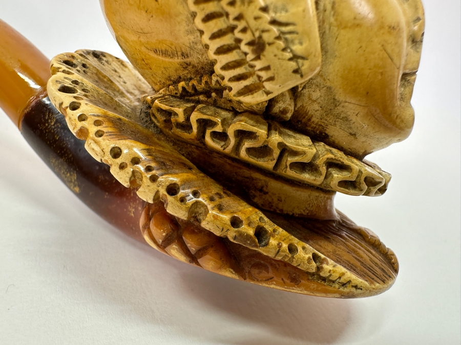 Pair Of Antique Carved Meerschaum / Amber Pipes With Hand Painted Pipe Stand - See Photos [Photo 18]