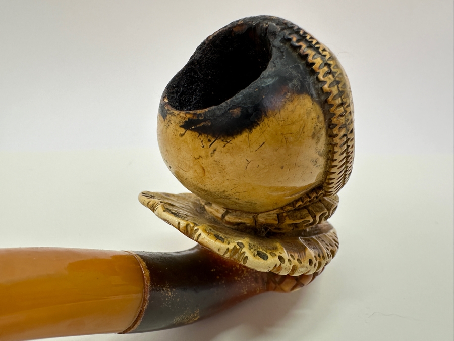 Pair Of Antique Carved Meerschaum / Amber Pipes With Hand Painted Pipe Stand - See Photos [Photo 16]