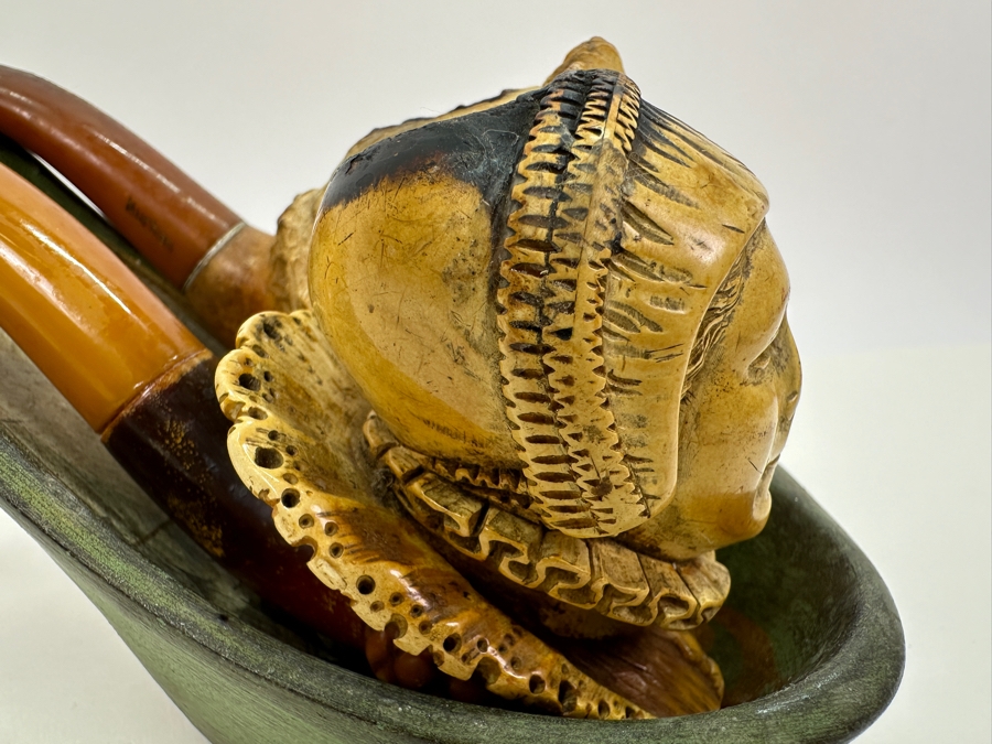 Pair Of Antique Carved Meerschaum / Amber Pipes With Hand Painted Pipe Stand - See Photos [Photo 4]