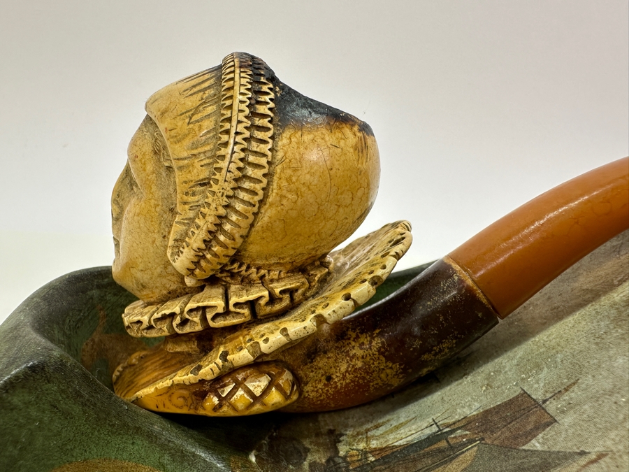 Pair Of Antique Carved Meerschaum / Amber Pipes With Hand Painted Pipe Stand - See Photos [Photo 14]