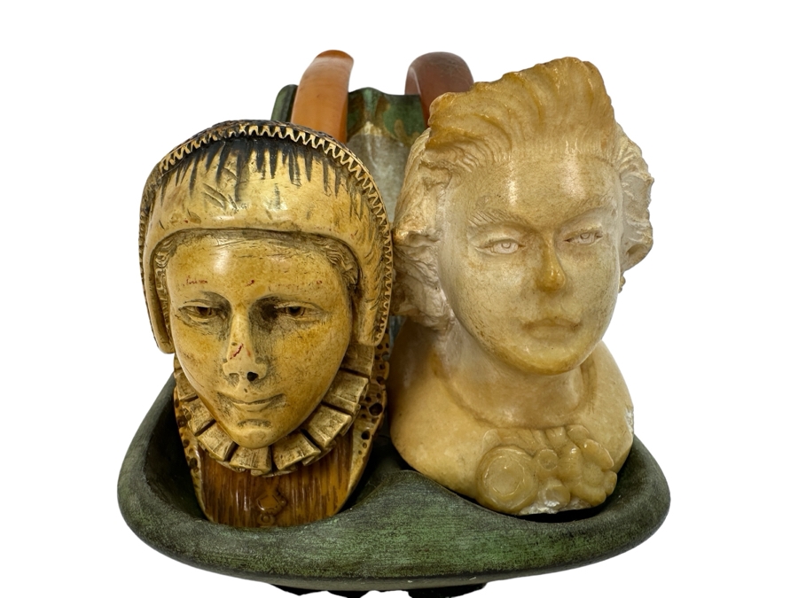 Pair Of Antique Carved Meerschaum / Amber Pipes With Hand Painted Pipe Stand - See Photos [Photo 1]