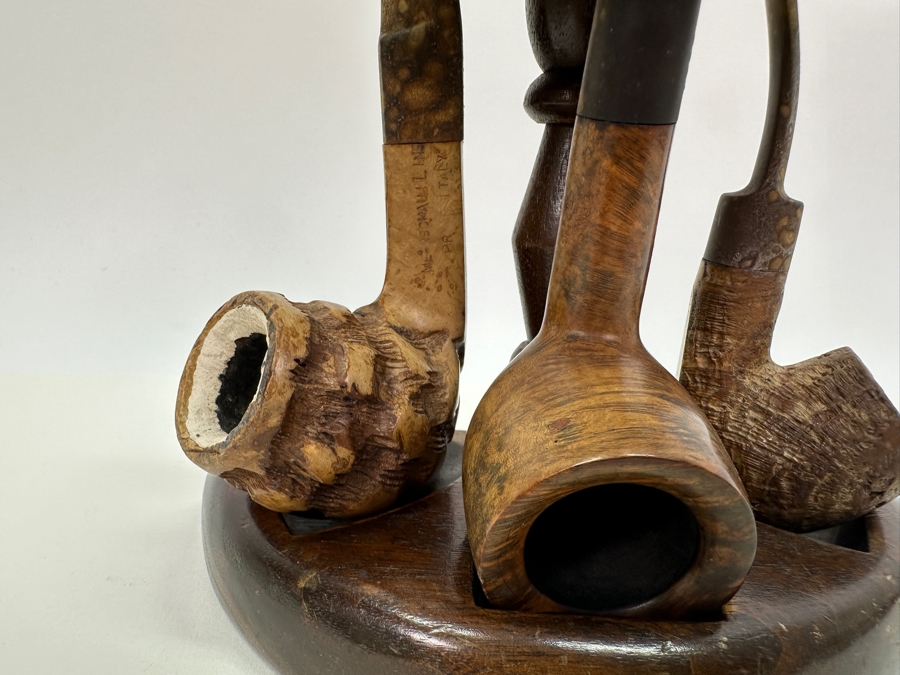 Wooden Pipe Stand With 3 Vintage Pipes: Briar Italy Meerschaum Line, BB&S Londoner London England & Italy [Photo 4]