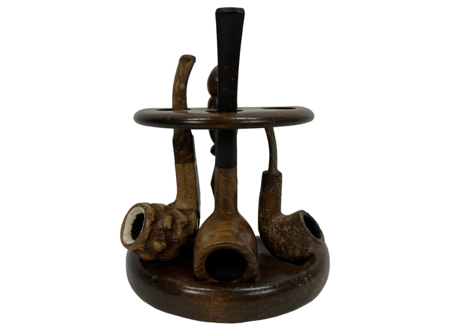 Wooden Pipe Stand With 3 Vintage Pipes: Briar Italy Meerschaum Line, BB&S Londoner London England & Italy [Photo 1]