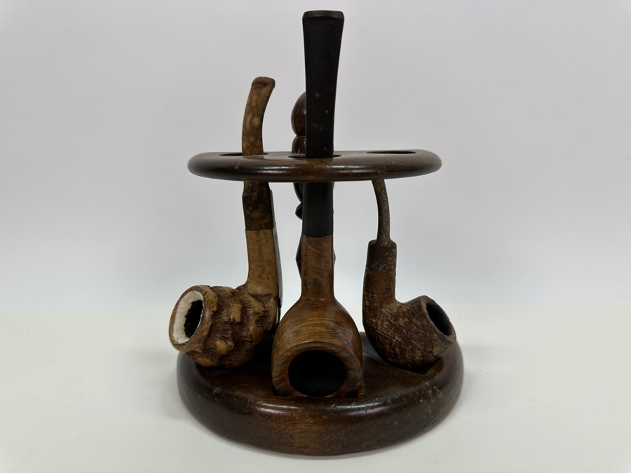 Wooden Pipe Stand With 3 Vintage Pipes: Briar Italy Meerschaum Line, BB&S Londoner London England & Italy [Photo 2]