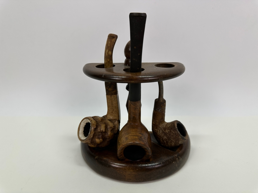 Wooden Pipe Stand With 3 Vintage Pipes: Briar Italy Meerschaum Line, BB&S Londoner London England & Italy [Photo 3]