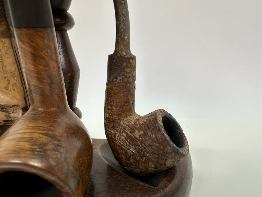 Wooden Pipe Stand With 3 Vintage Pipes: Briar Italy Meerschaum Line, BB&S Londoner London England & Italy [Photo 5]