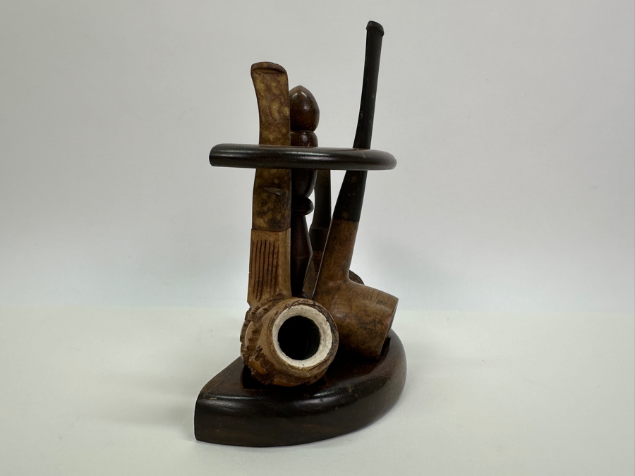 Wooden Pipe Stand With 3 Vintage Pipes: Briar Italy Meerschaum Line, BB&S Londoner London England & Italy [Photo 7]