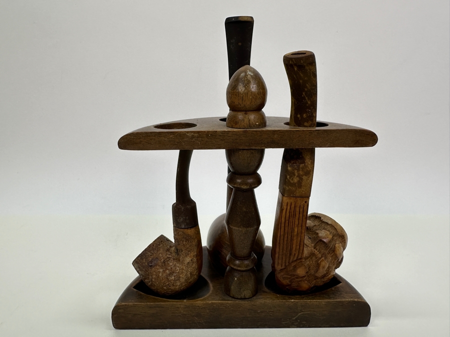 Wooden Pipe Stand With 3 Vintage Pipes: Briar Italy Meerschaum Line, BB&S Londoner London England & Italy [Photo 9]