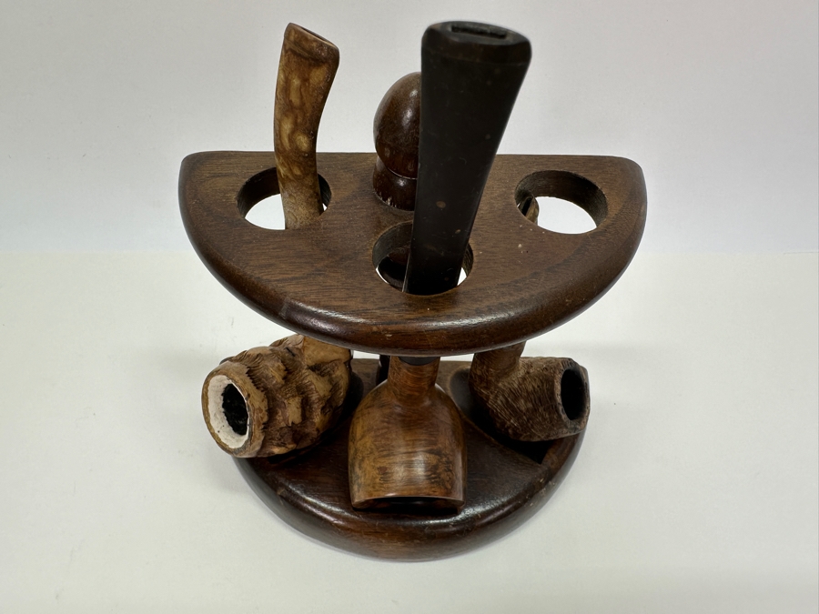 Wooden Pipe Stand With 3 Vintage Pipes: Briar Italy Meerschaum Line, BB&S Londoner London England & Italy [Photo 6]