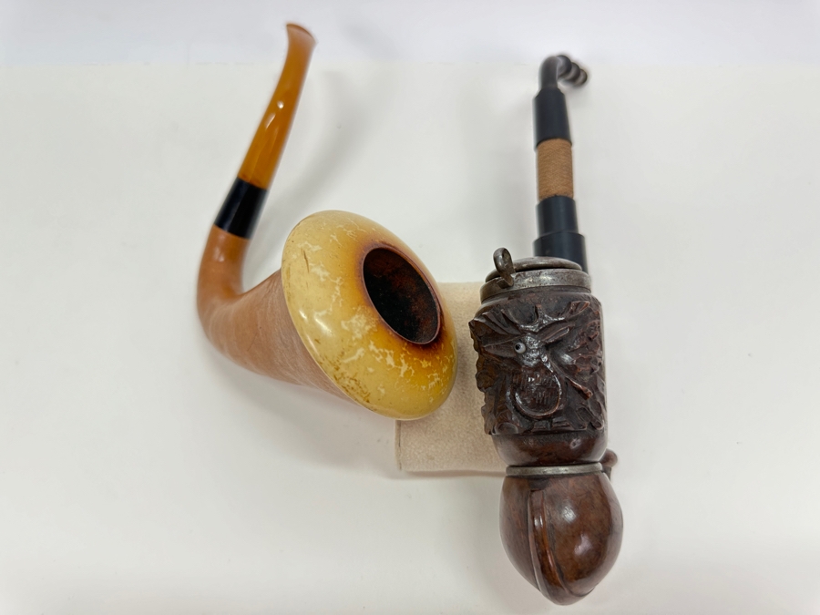 Pair Of Vintage Pipes: Meerschaum / Leather / Amber Pipe & Carved Wooden Pipe [Photo 3]