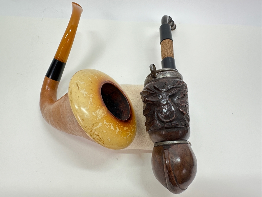 Pair Of Vintage Pipes: Meerschaum / Leather / Amber Pipe & Carved Wooden Pipe [Photo 4]