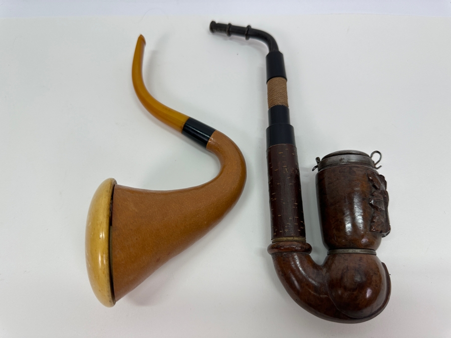 Pair Of Vintage Pipes: Meerschaum / Leather / Amber Pipe & Carved Wooden Pipe [Photo 2]