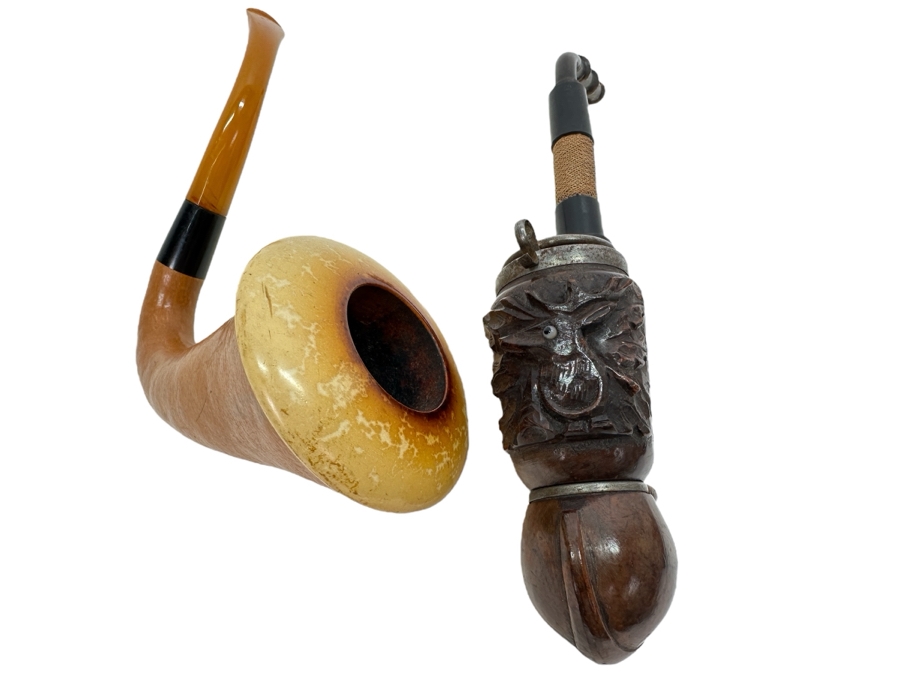 Pair Of Vintage Pipes: Meerschaum / Leather / Amber Pipe & Carved Wooden Pipe [Photo 1]