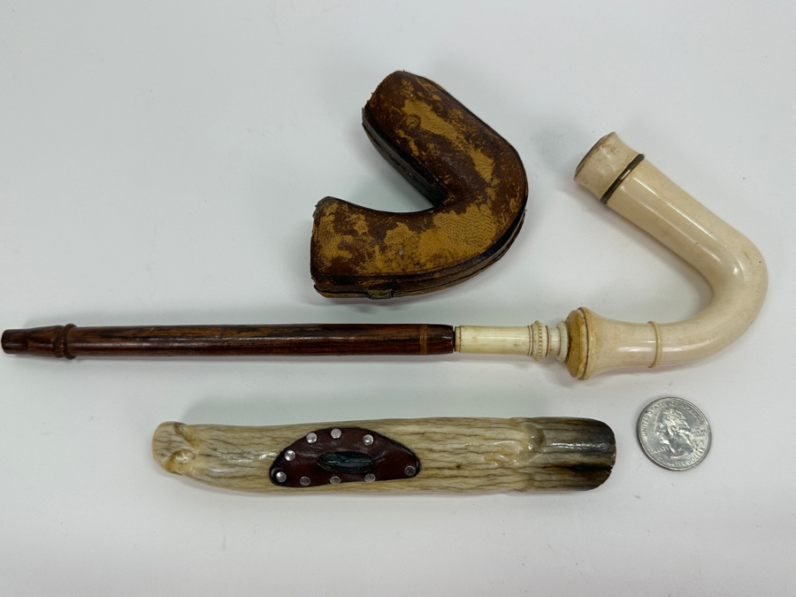 Pair Of Vintage Carved Bone Pipes [Photo 7]
