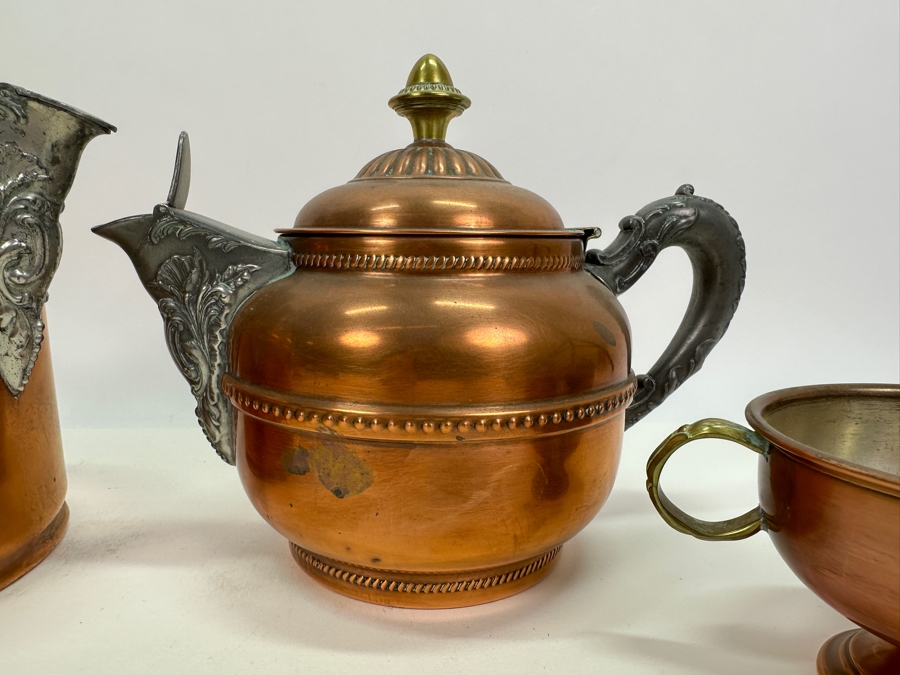 Copper & Pewter Rochester Stamping Works Coffee Pot & Teapot Plus Copper Creamer & Sugar [Photo 3]