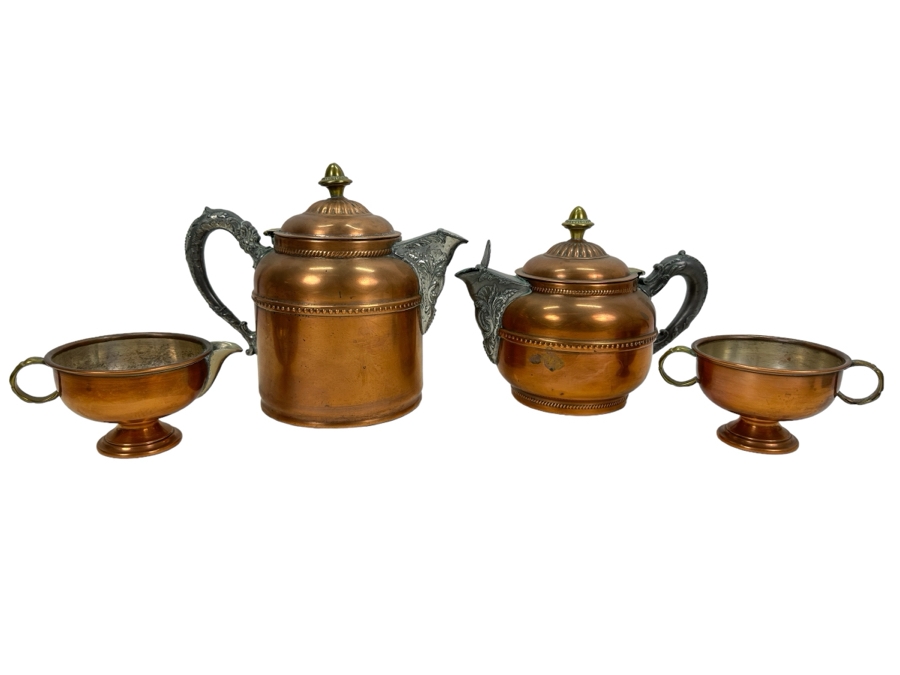 Copper & Pewter Rochester Stamping Works Coffee Pot & Teapot Plus Copper Creamer & Sugar