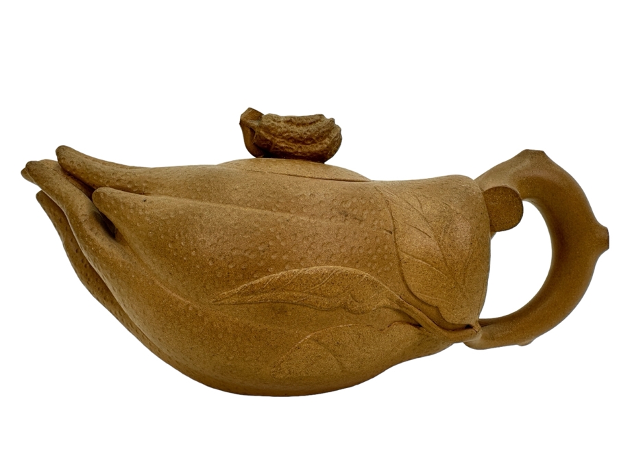 Chinese Yixing Finger Citron-Form Stoneware Teapot, Finial Appears to Have Been Repaired 8.5'W x 3.75'H