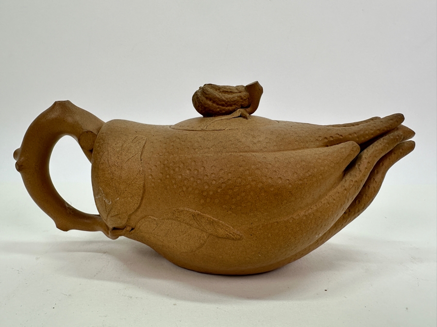 Chinese Yixing Finger Citron-Form Stoneware Teapot, Finial Appears to Have Been Repaired 8.5'W x 3.75'H [Photo 7]