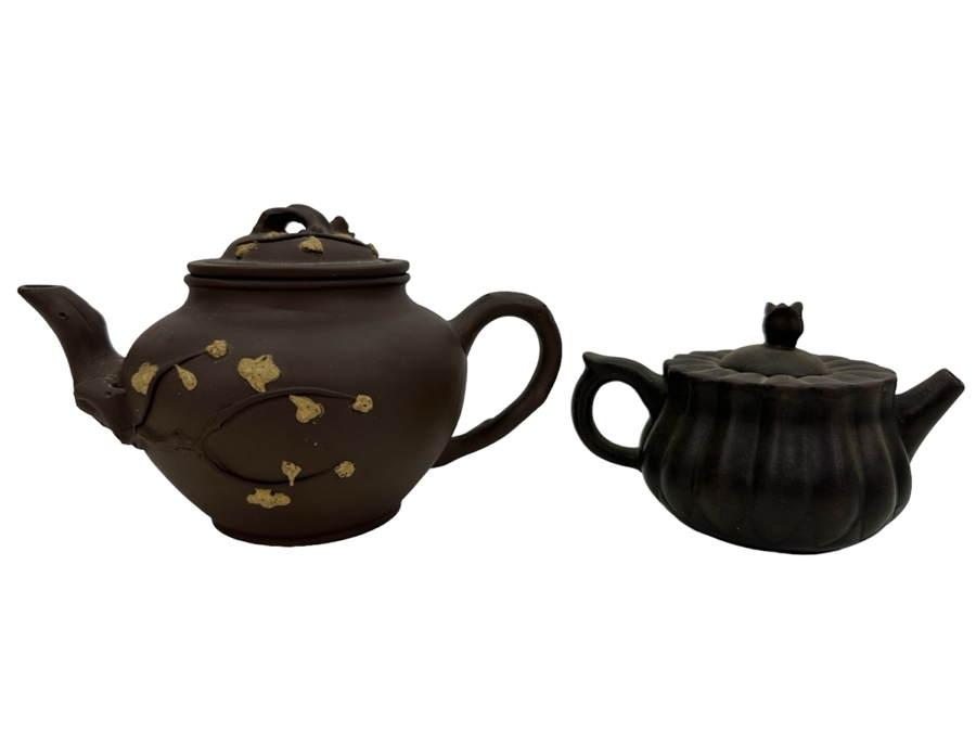 Pair Of Signed Vintage Asian Clay Teapots
