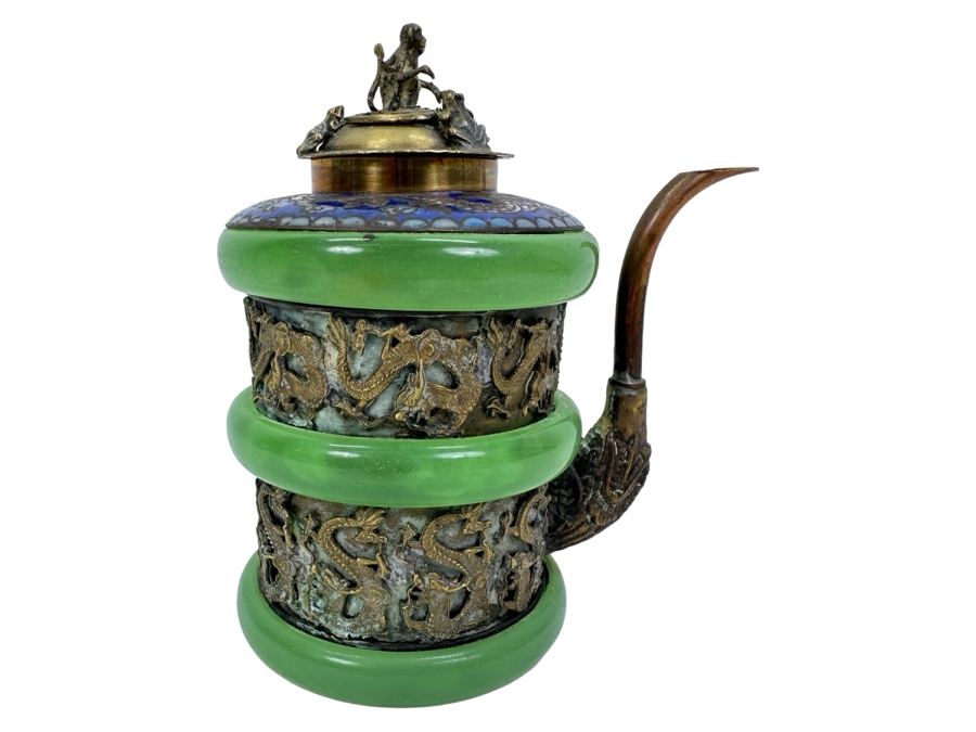 Vintage Chinese Cloisonné and Brass Teapot with Monkey and Toad Finial & Dragon Ornamentation
