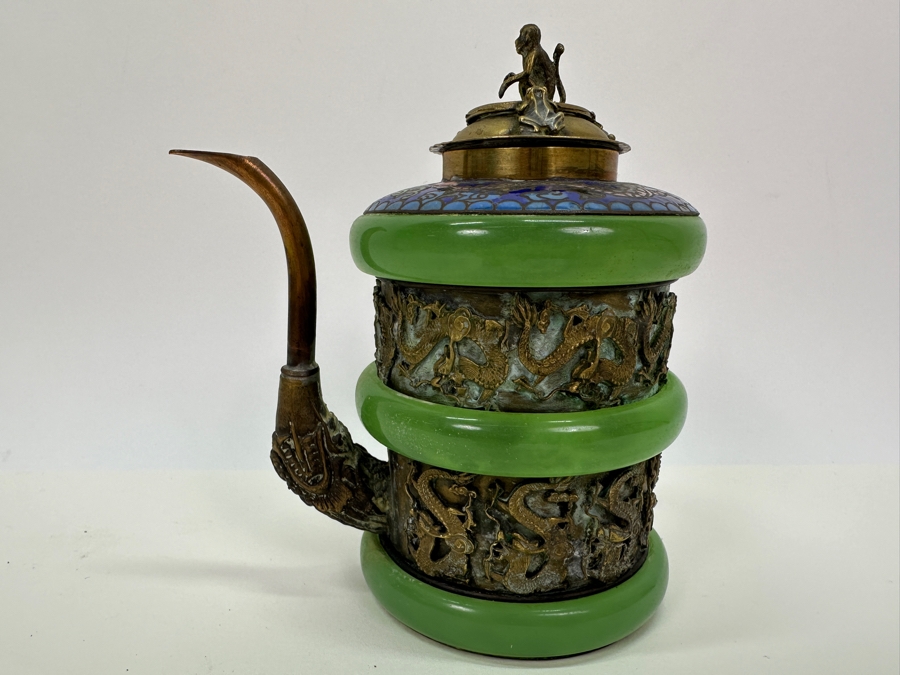 Vintage Chinese Cloisonné and Brass Teapot with Monkey and Toad Finial & Dragon Ornamentation [Photo 7]
