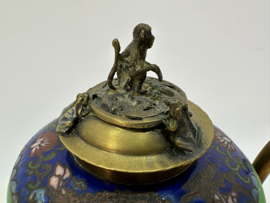 Vintage Chinese Cloisonné and Brass Teapot with Monkey and Toad Finial & Dragon Ornamentation [Photo 4]