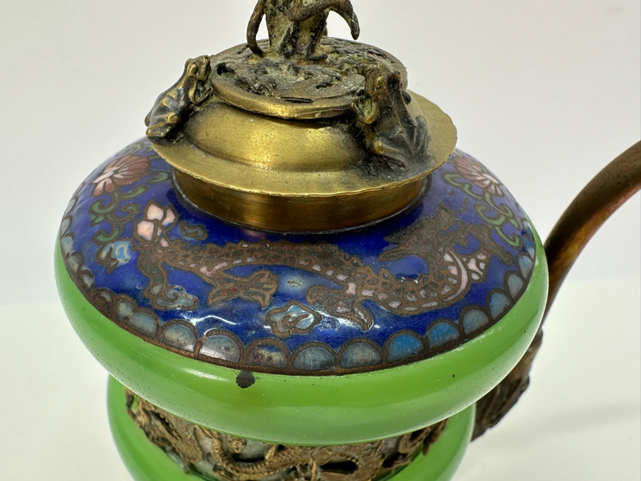 Vintage Chinese Cloisonné and Brass Teapot with Monkey and Toad Finial & Dragon Ornamentation [Photo 3]