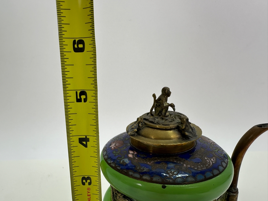 Vintage Chinese Cloisonné and Brass Teapot with Monkey and Toad Finial & Dragon Ornamentation [Photo 15]