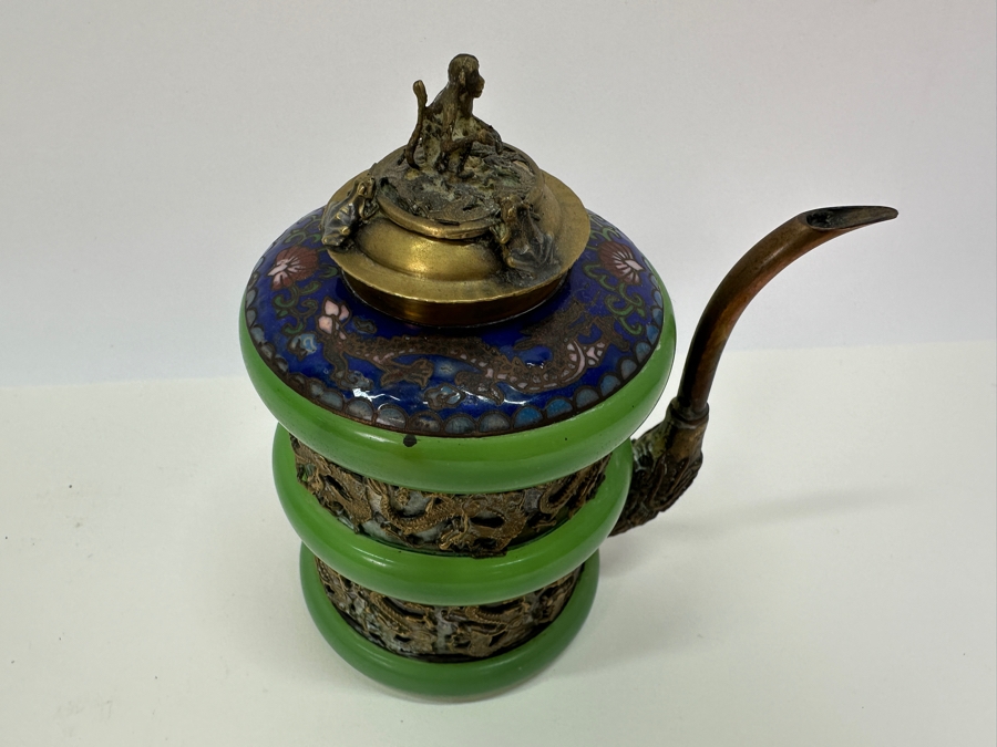 Vintage Chinese Cloisonné and Brass Teapot with Monkey and Toad Finial & Dragon Ornamentation [Photo 2]