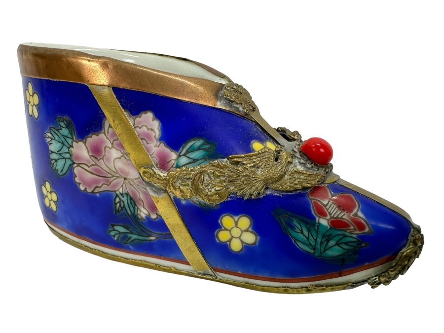 Vintage Chinese Porcelain and Metal Signed Shoe 5'W x 2'H