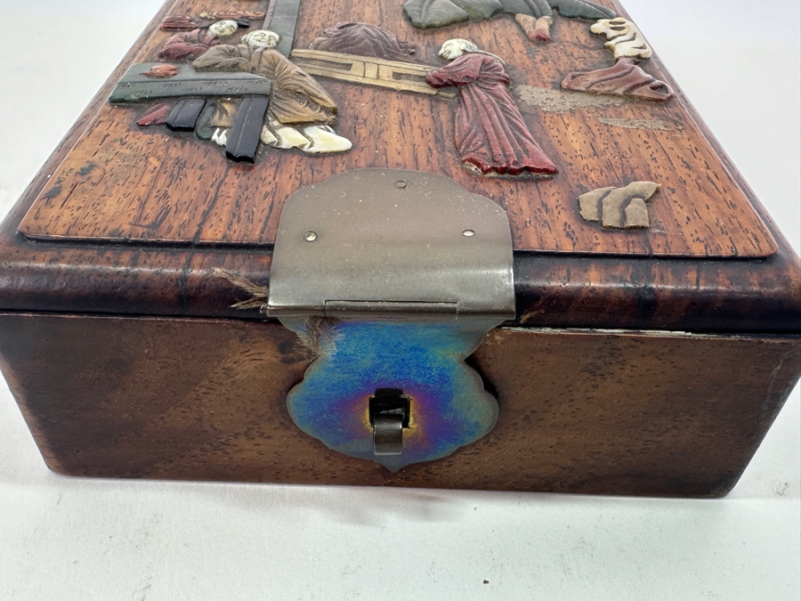 Antique Chinese Rosewood Mirror Jewelry Box With Applied Decorations 4.5W X 6.5D X 2H [Photo 6]