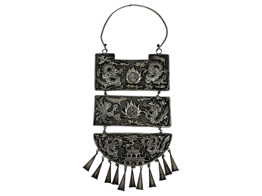 Chinese Hmong Embossed Silverplate Charm Necklace 8W X 19H