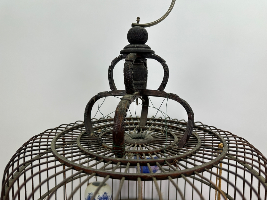 Large Signed Chinese Bamboo Birdcage With Waterpots & Decorations 14W X 30H - See Photos [Photo 9]