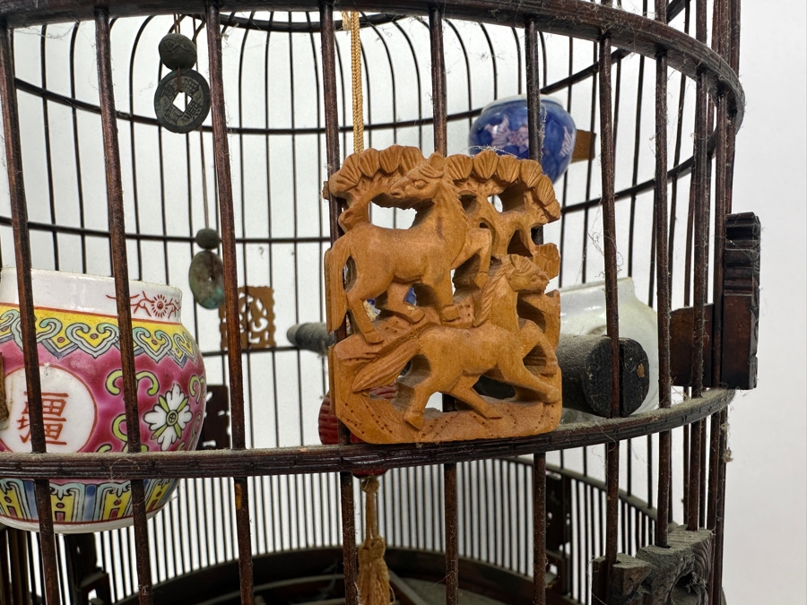 Large Signed Chinese Bamboo Birdcage With Waterpots & Decorations 14W X 30H - See Photos [Photo 16]