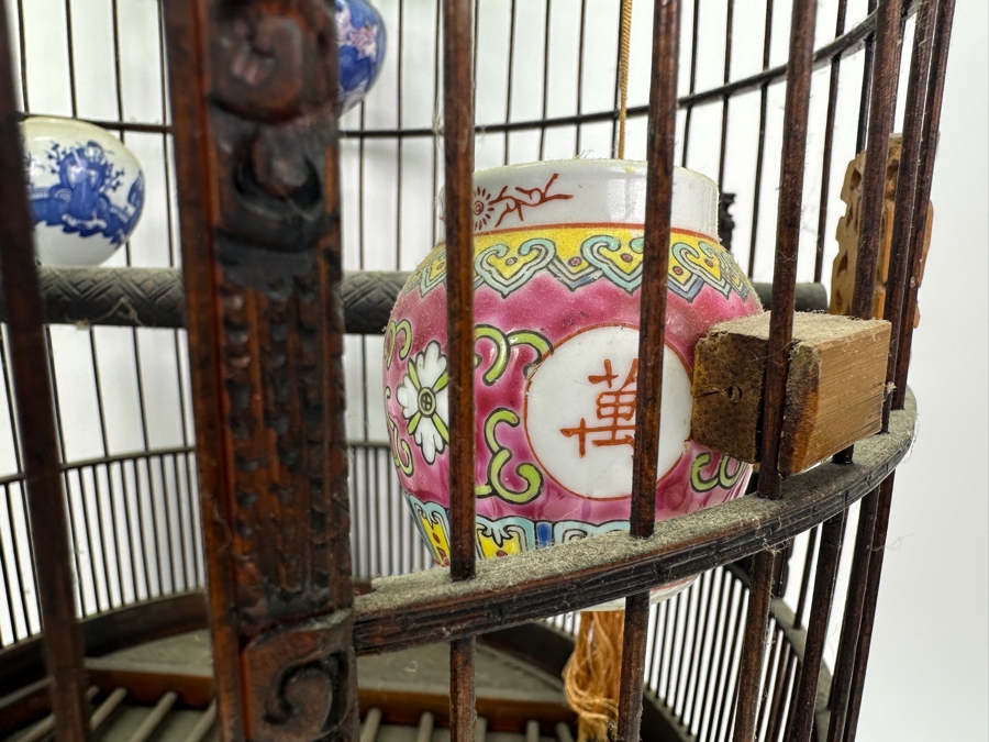 Large Signed Chinese Bamboo Birdcage With Waterpots & Decorations 14W X 30H - See Photos [Photo 14]