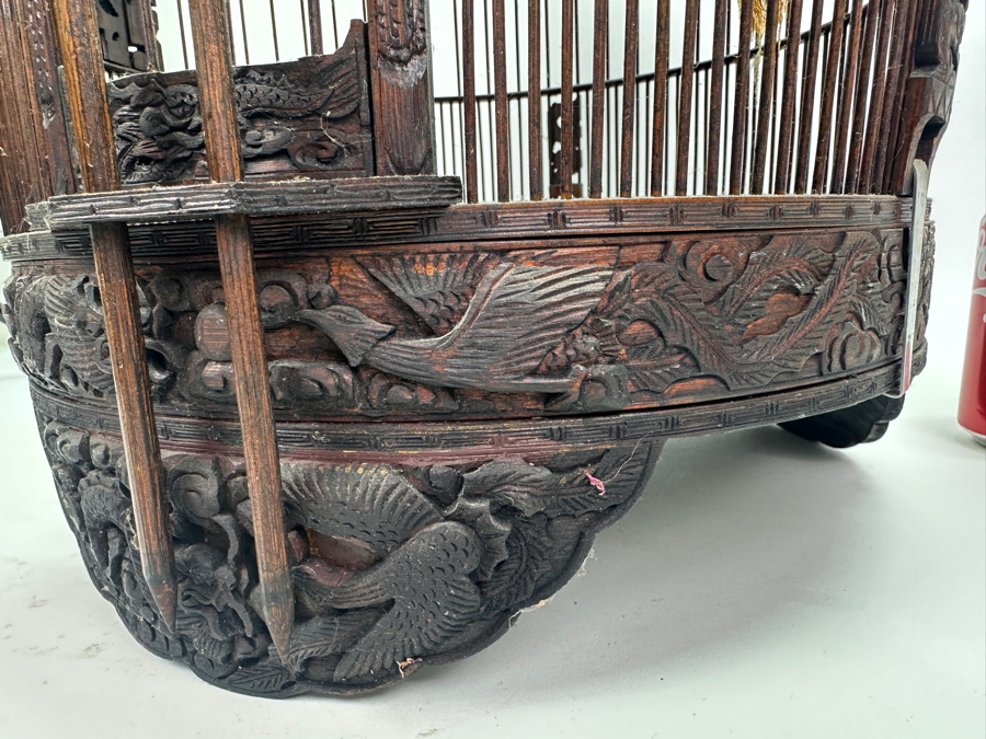 Large Signed Chinese Bamboo Birdcage With Waterpots & Decorations 14W X 30H - See Photos [Photo 31]